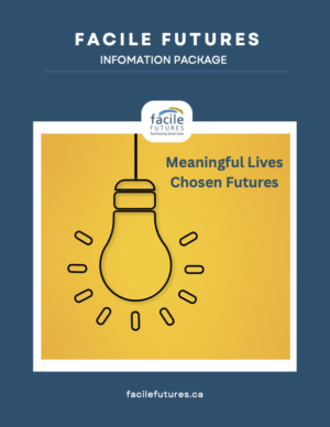 cover image for the Facile Futures Information Package The image features the Facile Futures logo, an graphic of a light bulb on a golden background and the slogan Meaningful Lives Chosen Futures